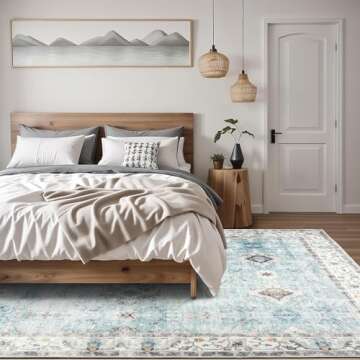 ReaLife Machine Washable Area Rug - Living Room Bedroom Bathroom Kitchen Entryway Office - Padded Low Pile Stain Resistant Premium - Boho Farmhouse Vintage - BEV - Blue Ivory 5' x 7'