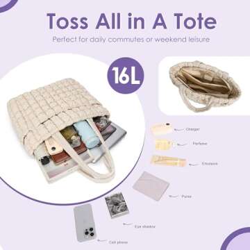 CORALDAISY Tote Bag for Women, Lightweight Puffer Tote Bag with Zipper, Large Work Bag, Quilted Trav...