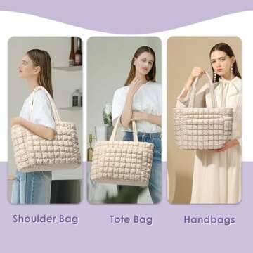 CORALDAISY Tote Bag for Women, Lightweight Puffer Tote Bag with Zipper, Large Work Bag, Quilted Travel Shoulder Bag, Puffy Handbag with Compartments, White