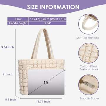 CORALDAISY Tote Bag for Women, Lightweight Puffer Tote Bag with Zipper, Large Work Bag, Quilted Travel Shoulder Bag, Puffy Handbag with Compartments, White
