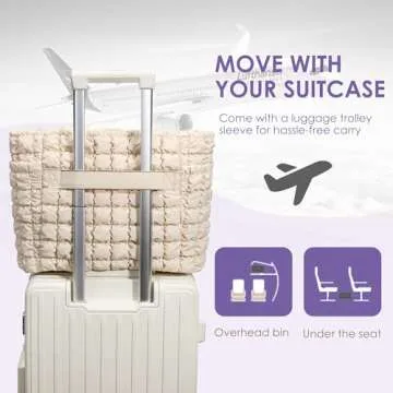 CORALDAISY Tote Bag for Women, Lightweight Puffer Tote Bag with Zipper, Large Work Bag, Quilted Travel Shoulder Bag, Puffy Handbag with Compartments, White