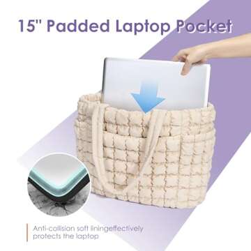 CORALDAISY Tote Bag for Women, Lightweight Puffer Tote Bag with Zipper, Large Work Bag, Quilted Travel Shoulder Bag, Puffy Handbag with Compartments, White