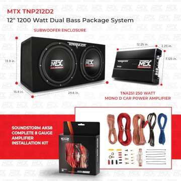 MTX 12" 400 Watt RMS Dual Loaded 1200 Watt Car Subwoofer Enclosure Audio with Sub Box, Mono Block & 8-Gauge Amplifier Complete Wiring Installation Kit