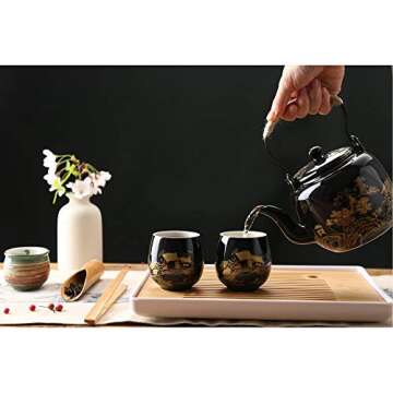 Dujust Japanese Beautiful Asian Porcelain Tea Set, Black with 1 Teapot, 6 Tea Cups, 1 Tea Tray, 1 St...