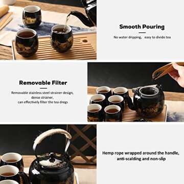 Dujust Japanese Beautiful Asian Porcelain Tea Set, Black with 1 Teapot, 6 Tea Cups, 1 Tea Tray, 1 Stainless Infuser for Adults, Tea Lover/Women/Men (Countryside in Golden)