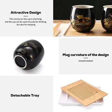 Dujust Japanese Beautiful Asian Porcelain Tea Set, Black with 1 Teapot, 6 Tea Cups, 1 Tea Tray, 1 Stainless Infuser for Adults, Tea Lover/Women/Men (Countryside in Golden)