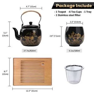 Dujust Japanese Beautiful Asian Porcelain Tea Set, Black with 1 Teapot, 6 Tea Cups, 1 Tea Tray, 1 Stainless Infuser for Adults, Tea Lover/Women/Men (Countryside in Golden)
