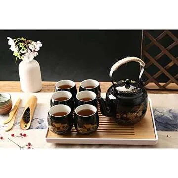 Dujust Japanese Beautiful Asian Porcelain Tea Set, Black with 1 Teapot, 6 Tea Cups, 1 Tea Tray, 1 Stainless Infuser for Adults, Tea Lover/Women/Men (Countryside in Golden)