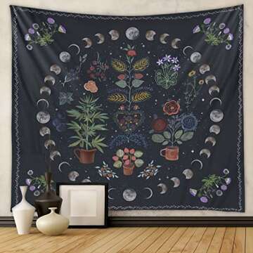 LINICE Plant Tapestry - Nature Moon Phase Wall Hanging for Bedroom