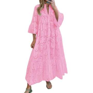 chouyatou Women's 2025 Lace Eyelet Embroidery Maxi Dress V-Neck Trumpet Sleeve Boho Flowy Swing Dres...