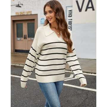 ULLECICE Womens Sweaters 2024 Fall Casual Long Sleeve V Neck Lightweight Pullover Tops Striped Cropped Fashion Blouses White