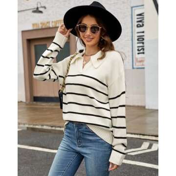 ULLECICE Womens Sweaters 2024 Fall Casual Long Sleeve V Neck Lightweight Pullover Tops Striped Cropped Fashion Blouses White