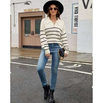 ULLECICE Womens Sweaters 2024 Fall Casual Long Sleeve V Neck Lightweight Pullover Tops Striped Cropped Fashion Blouses White