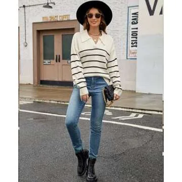 ULLECICE Womens Sweaters 2024 Fall Casual Long Sleeve V Neck Lightweight Pullover Tops Striped Cropped Fashion Blouses White