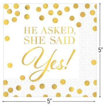 Elegant Gold & White "He Asked, She Said Yes!" Hot Stamped Beverage Napkins - 5" x 5" (Pack Of 16) |...