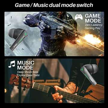 TOZO G1 Wireless Earbuds Bluetooth 5.3 Headphones with 45ms Ultra Low-Latency and Cool Breathing Light Ergonomic Design Gaming Deep Bass Music Mode Headset Built-in Micro Stereo Sound Black