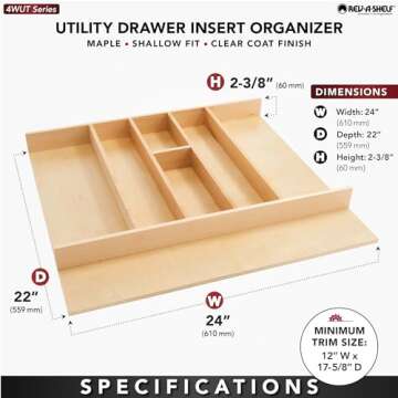 Rev-A-Shelf Trim-to-Fit Shallow Drawer Organizer for Kitchen Utensils, Cutlery Cabinet Storage Divider Insert, 23.98 x 21.97 in, Maple Wood, 4WUT-3SH