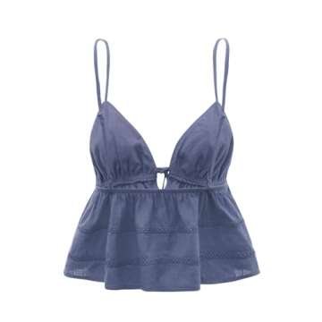 OYOANGLE Women's Spaghetti Strap Deep V Neck Cami Crop Tops Tie Front Cami Sleeveless Peplum Top