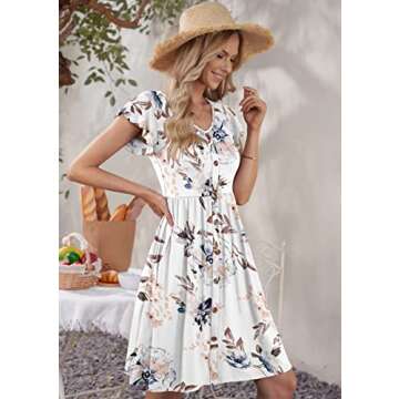 WNEEDU Women Summer Dresses Sleeveless Casual Loose Swing Button Down Midi Dress with Pockets(Floral White,M)