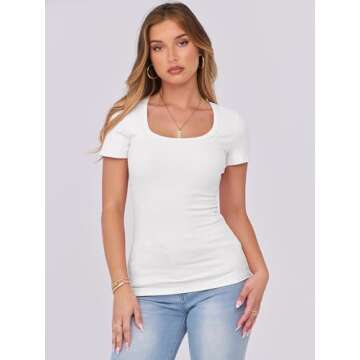 ANRABESS Women's Short Sleeve Tops Casual Scoop Neck Ribbed Knit Slim Fitted Basic Tee Shirts 2025 Summer Trendy Outfits White Medium