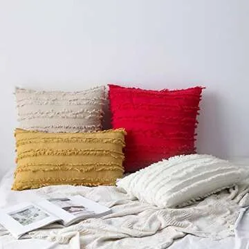 MIULEE Set of 2 Decorative Boho Throw Pillow Covers Linen Striped Jacquard Pattern Cushion Covers for Sofa Couch Living Room Bedroom 16x16 Inch Beige