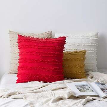 MIULEE Set of 2 Decorative Boho Throw Pillow Covers Linen Striped Jacquard Pattern Cushion Covers for Sofa Couch Living Room Bedroom 16x16 Inch Beige