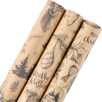 Titiweet Vintage Christmas Wrapping Paper Roll - 3 Rolls Rustic Kraft Gift Wrap, 17" X 120"