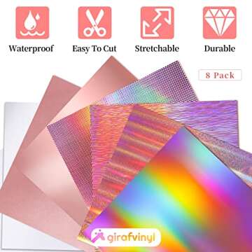 GIRAFVINYL Rose Gold Holographic Vinyl Permanent, Rose Gold Permanent Vinyl 6 Sheets Rose Pink Adhes...