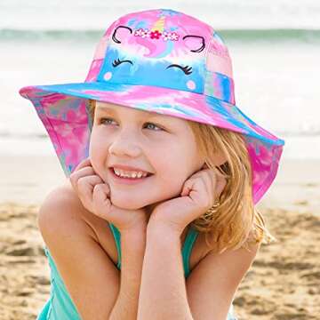 Kids Sun Hat UV Protection Unicorn Summer Beach Play Hats Wide Brim Neck Flap for Girls Boys 2-9 Yea...
