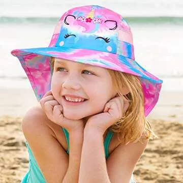 Kids Sun Hat UV Protection Unicorn Summer Beach Play Hats Wide Brim Neck Flap for Girls Boys 2-9 Yea...
