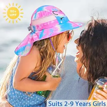Kids Sun Hat UV Protection Unicorn Summer Beach Play Hats Wide Brim Neck Flap for Girls Boys 2-9 Years, Pink Blue Tie Dye