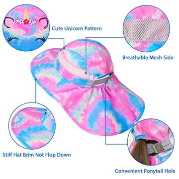 Kids Sun Hat UV Protection Unicorn Summer Beach Play Hats Wide Brim Neck Flap for Girls Boys 2-9 Years, Pink Blue Tie Dye