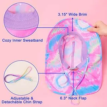 Kids Sun Hat UV Protection Unicorn Summer Beach Play Hats Wide Brim Neck Flap for Girls Boys 2-9 Years, Pink Blue Tie Dye