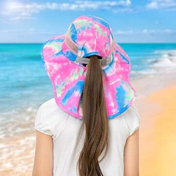 Kids Sun Hat UV Protection Unicorn Summer Beach Play Hats Wide Brim Neck Flap for Girls Boys 2-9 Years, Pink Blue Tie Dye
