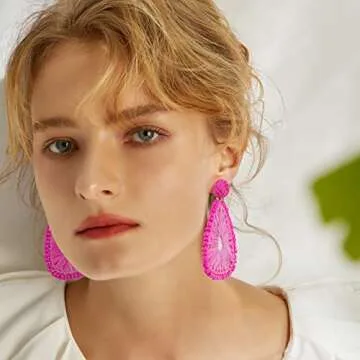 Statement Raffia Earrings for Women, Boho Geometric Triangle Earrings Beaded - Trendy Summer Beach V...