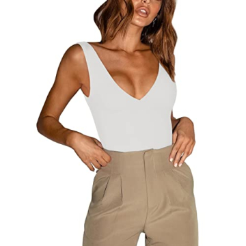 REORIA Women’s Summer Plunge Deep V Neck Sleeveless Bodysuit - Elegant and Versatile