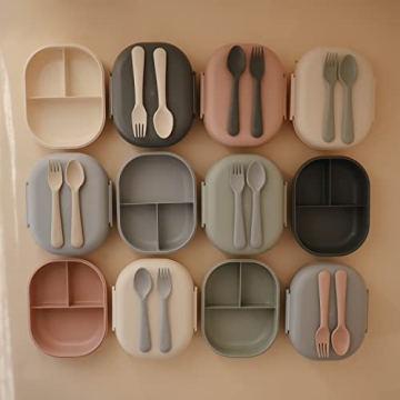 mushie Kids Bento Lunch Box | 3-Compartment & Removable Divider + Fork & Spoon Utensils | Great For Meals, School, Snacks On-the-Go | Dishwasher Safe (Ivory)