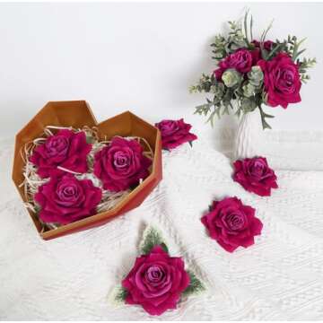 INSUNSIX Hot Pink Roses 16pcs Artificial Velvet Roses Head Bulk Silk Flowers 4.3" Hot Pink Artificia...