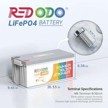 Redodo 12V 300Ah LiFePO4 Lithium Battery, Built-in 200A BMS, Max. 2560W Power Output, 4000-15000 Dee...