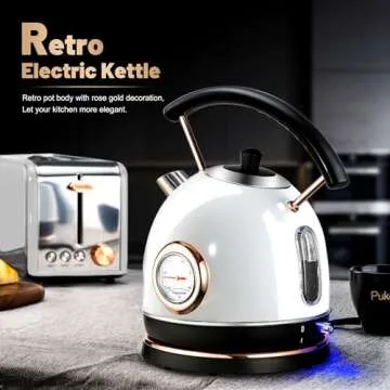 Pukomc Retro Electric Kettle Stainless Steel 1.7L Tea Kettle, Hot Water Boiler with Temperature Gauge, Led Light, Fast Boiling, Auto Shut-Off&Boil-Dry Protection (White)