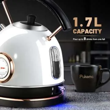 Pukomc Retro Electric Kettle Stainless Steel 1.7L Tea Kettle, Hot Water Boiler with Temperature Gauge, Led Light, Fast Boiling, Auto Shut-Off&Boil-Dry Protection (White)