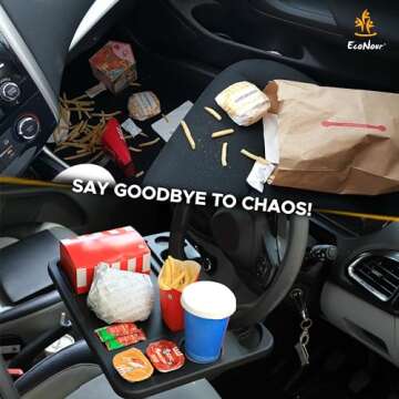 EcoNour 4 in 1 Car Steering Wheel Tray - 2024 Upgraded Tray with Dual Sauce Dip Holder and Tablet Holder | Spacious Steering Wheel Desk for Food and Laptop | Car Accessories (Large)