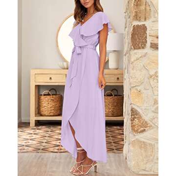 BTFBM Women's Summer Chiffon Maxi Dresses Deep V Neck Ruffle Short Sleeve Beach Party Cocktail Flowy Wrap Dress with Belt(Solid Purple, Medium)