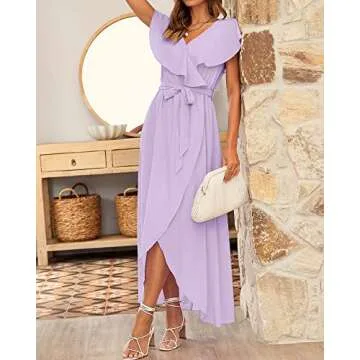 BTFBM Women's Summer Chiffon Maxi Dresses Deep V Neck Ruffle Short Sleeve Beach Party Cocktail Flowy Wrap Dress with Belt(Solid Purple, Medium)