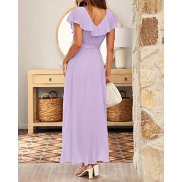 BTFBM Women's Summer Chiffon Maxi Dresses Deep V Neck Ruffle Short Sleeve Beach Party Cocktail Flowy Wrap Dress with Belt(Solid Purple, Medium)