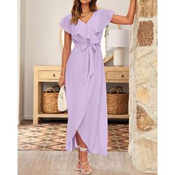 BTFBM Women's Summer Chiffon Maxi Dresses Deep V Neck Ruffle Short Sleeve Beach Party Cocktail Flowy Wrap Dress with Belt(Solid Purple, Medium)