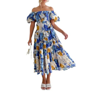 Womens Spring Summer Long Dresses Boho Floral Square Neck Midi Dress Puff Short Sleeve Tiered Maxi D...