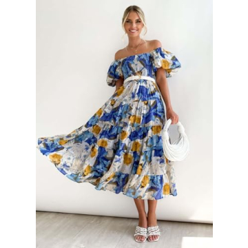 Womens Spring Summer Long Dresses Boho Floral Square Neck Midi Dress Puff Short Sleeve Tiered Maxi Dress Beach Sundress (Medium,Ice Blue Flowers)