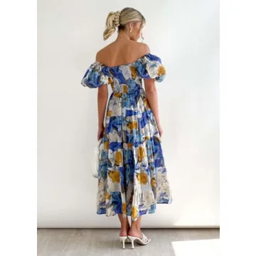 Womens Spring Summer Long Dresses Boho Floral Square Neck Midi Dress Puff Short Sleeve Tiered Maxi Dress Beach Sundress (Medium,Ice Blue Flowers)