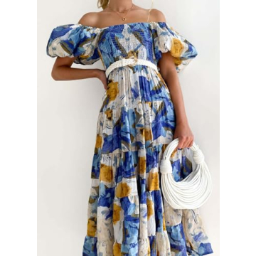 Womens Spring Summer Long Dresses Boho Floral Square Neck Midi Dress Puff Short Sleeve Tiered Maxi Dress Beach Sundress (Medium,Ice Blue Flowers)